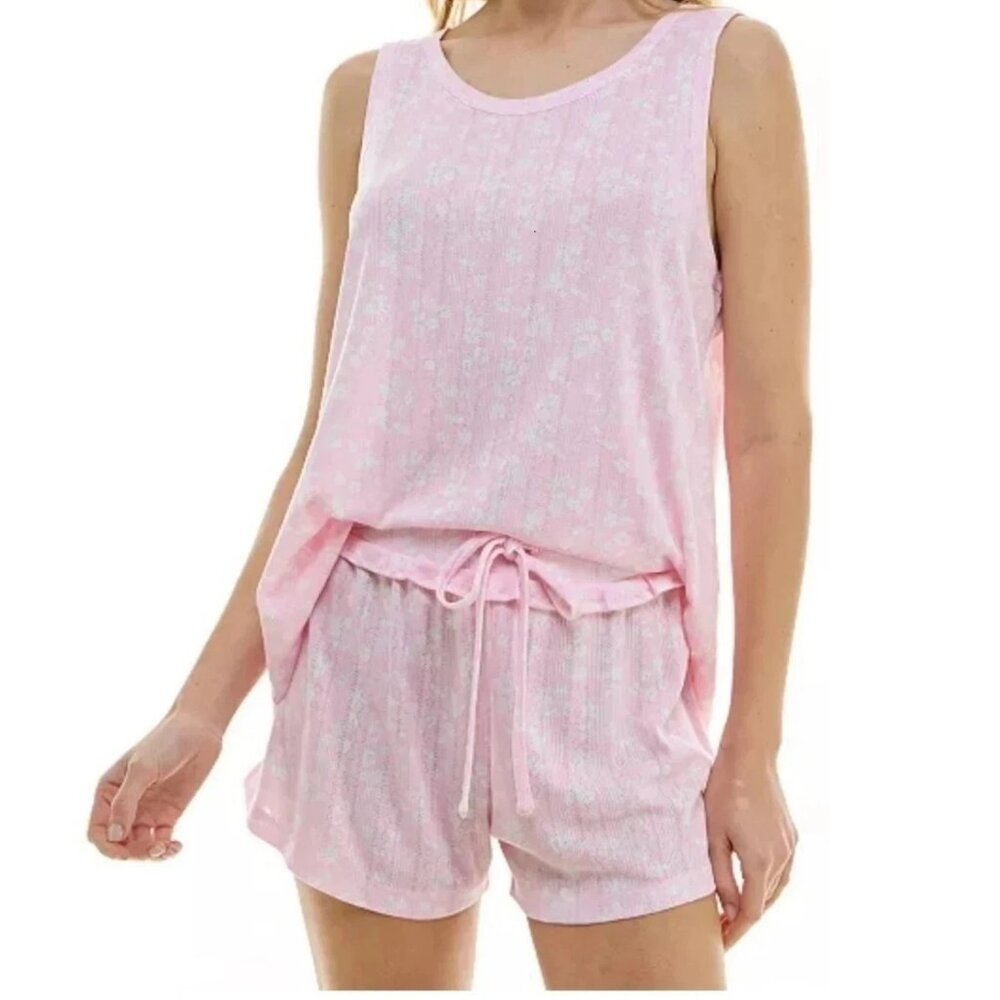 Roudelain Women's 2-Pc Pointelle Tank & Shorts Pajama Set, Pink Floral, Large